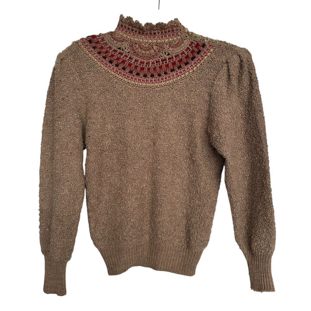 Vintage 20 Ans Knits by Mariea Kim Embroidered Boucle Yoke Sweater, Size S, EUC